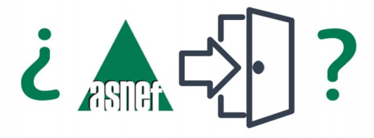 articulo Ilustración sobre un fondo blanco con el logotipo verde de ASNEF entre signos de interrogación, una flecha y un icono de una puerta abierta, representando la duda de cómo salir de ASNEF.